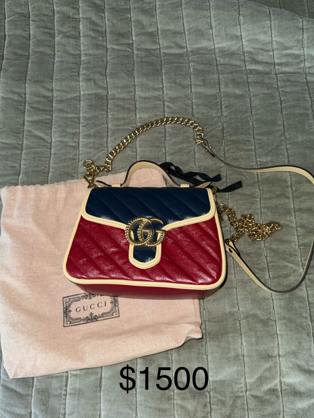 Gucci Red, Navy & Cream Marmont Quilted Chain Crossbody Bag